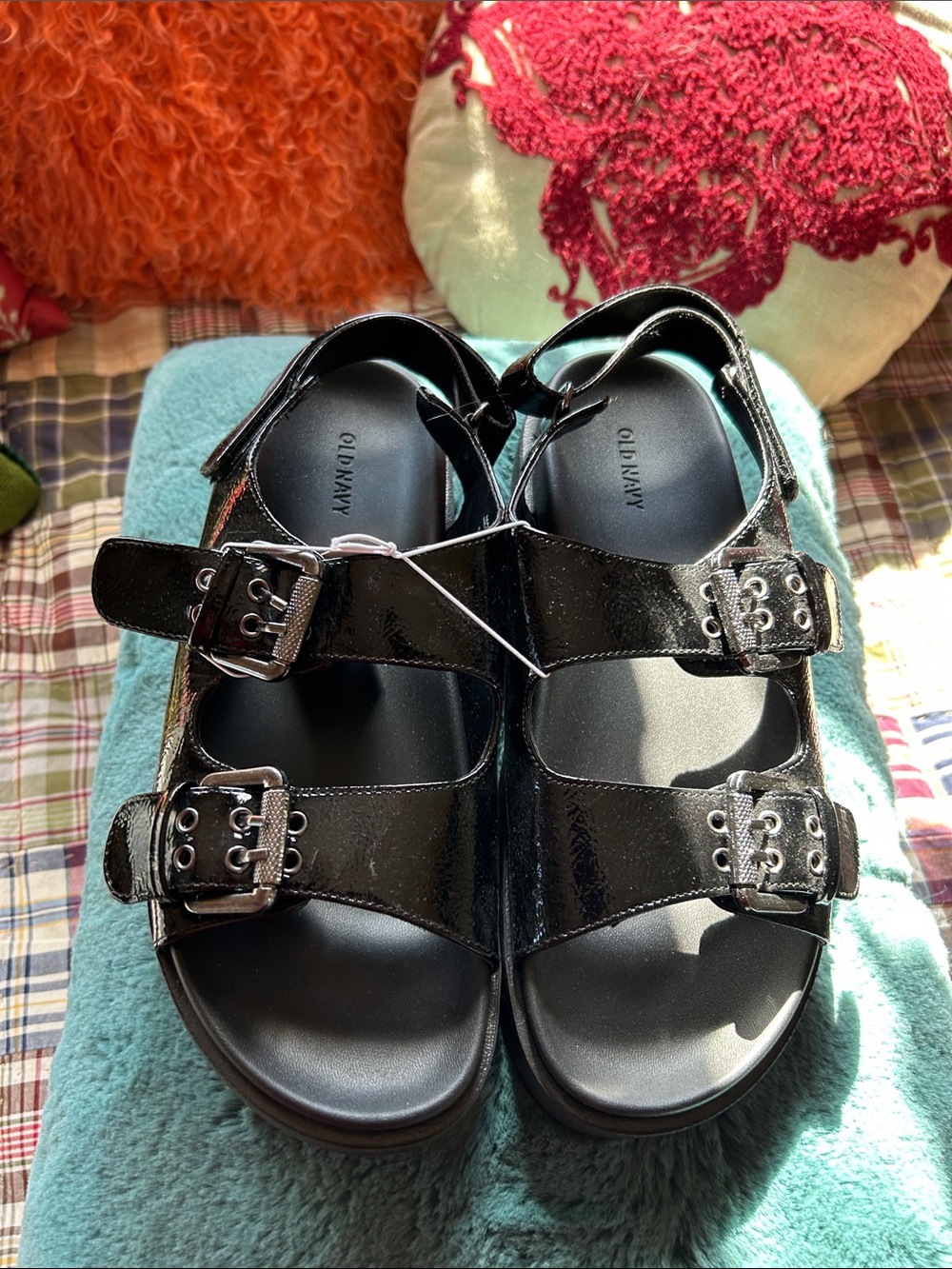 Old Navy Black Patent Double-Buckle Sandals